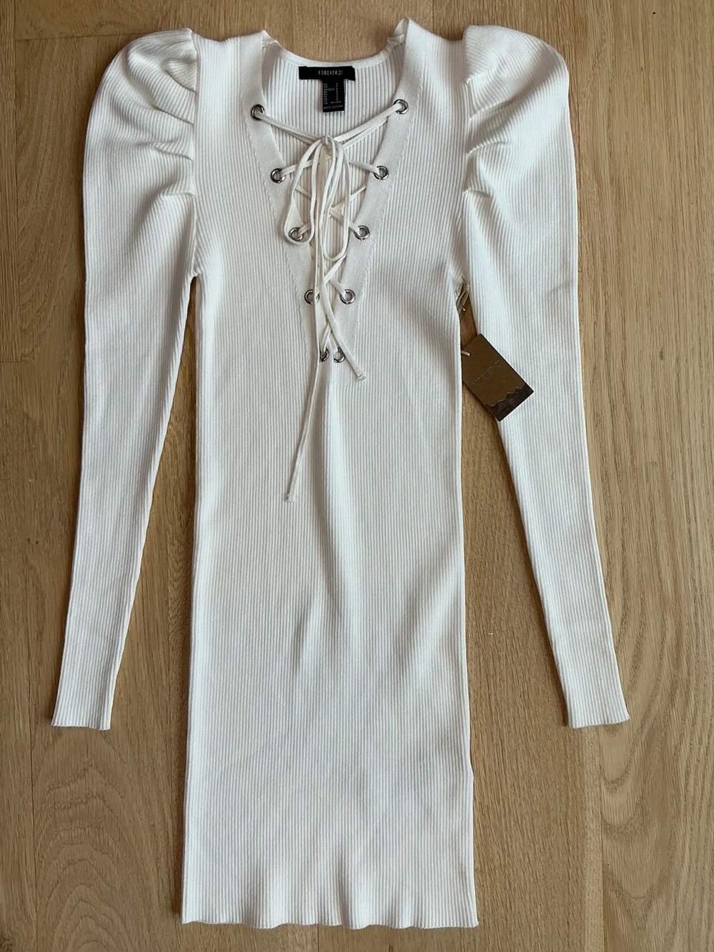Forever 21 Ribbed Puffed Shoulder Lace-up Bodycon Ivory Dress Women’s Size Small